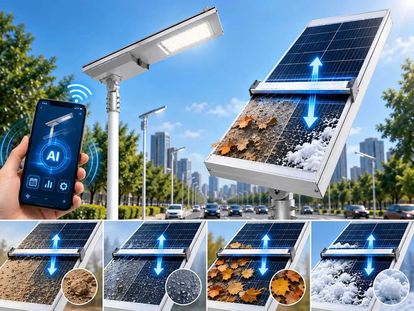 AI-IoT solar street light features an automatic cleaning function