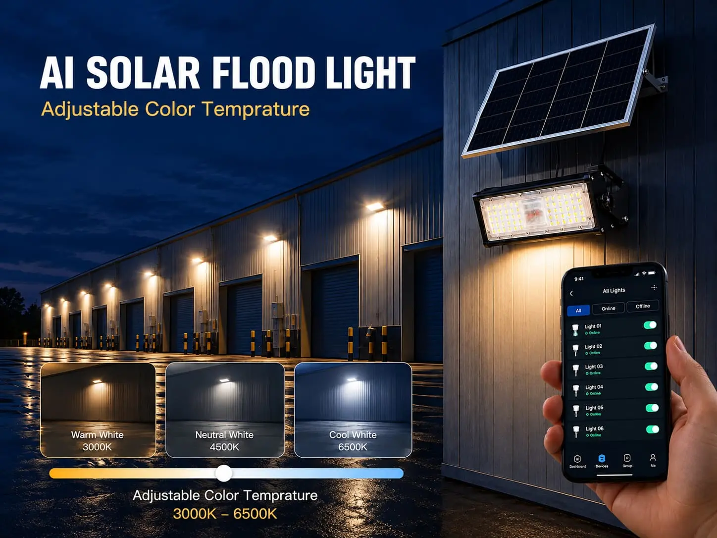 AI smart flood lights 50W solar power Adijustable Color Temprature