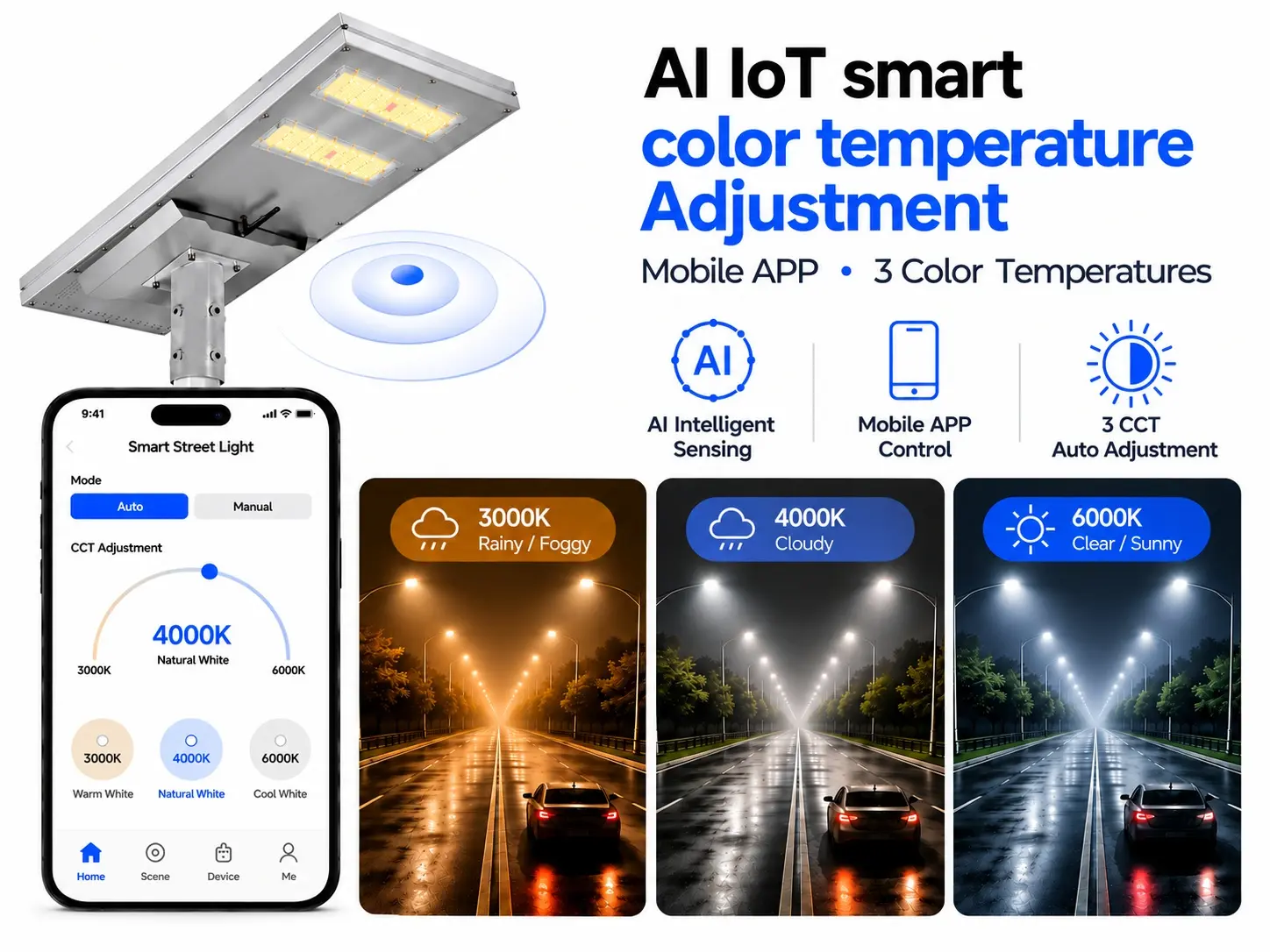 Solar street light AI loT smart color temperature Adjustment