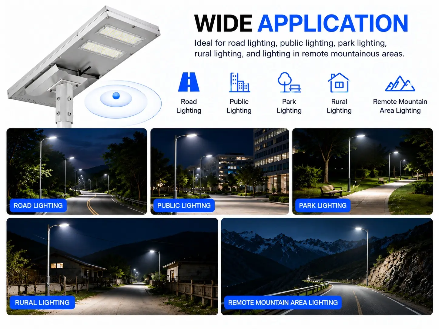 Suitable for road lighting, public lighting, park lighting, rural lighting, and lighting in remote mountainous areas