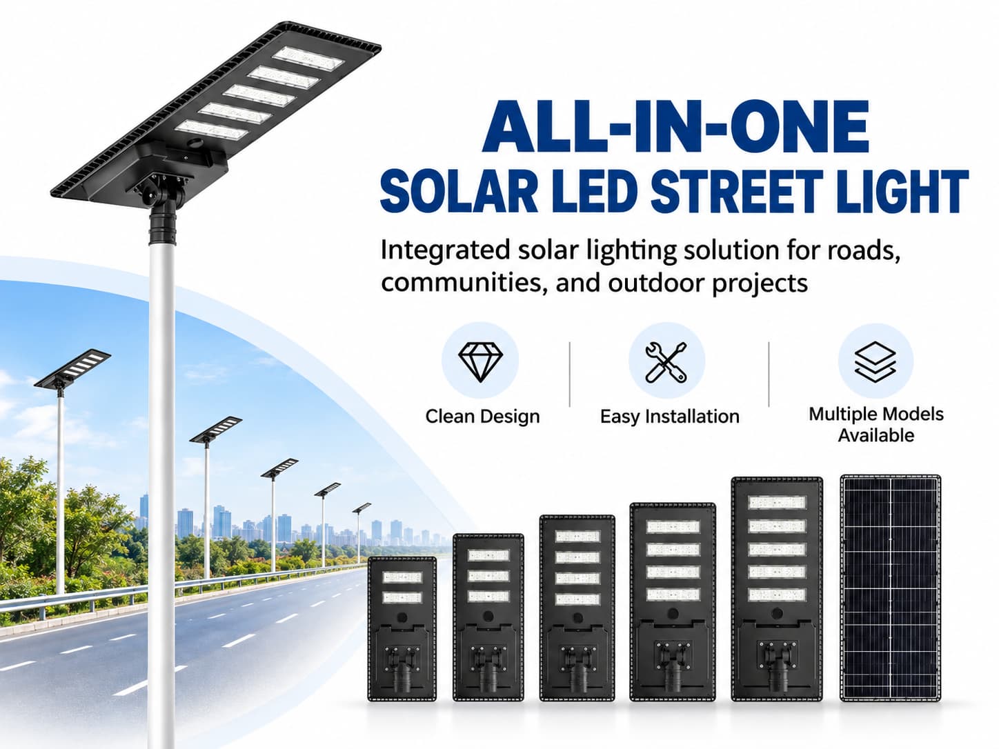 all-in-one solar LED street light integrates the solar panel, battery, LED light, and controller