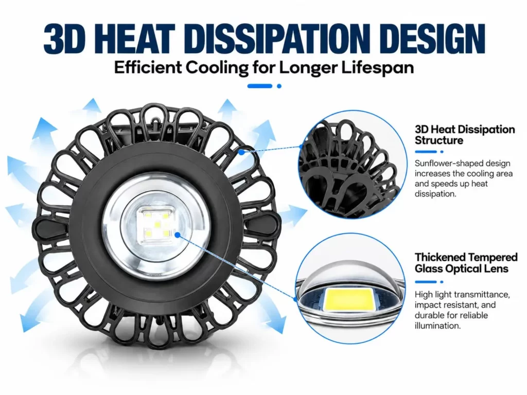 The sunflower-style 3D cooling structure helps this LED explosion-proof light release heat efficiently for stable, long-term operation.