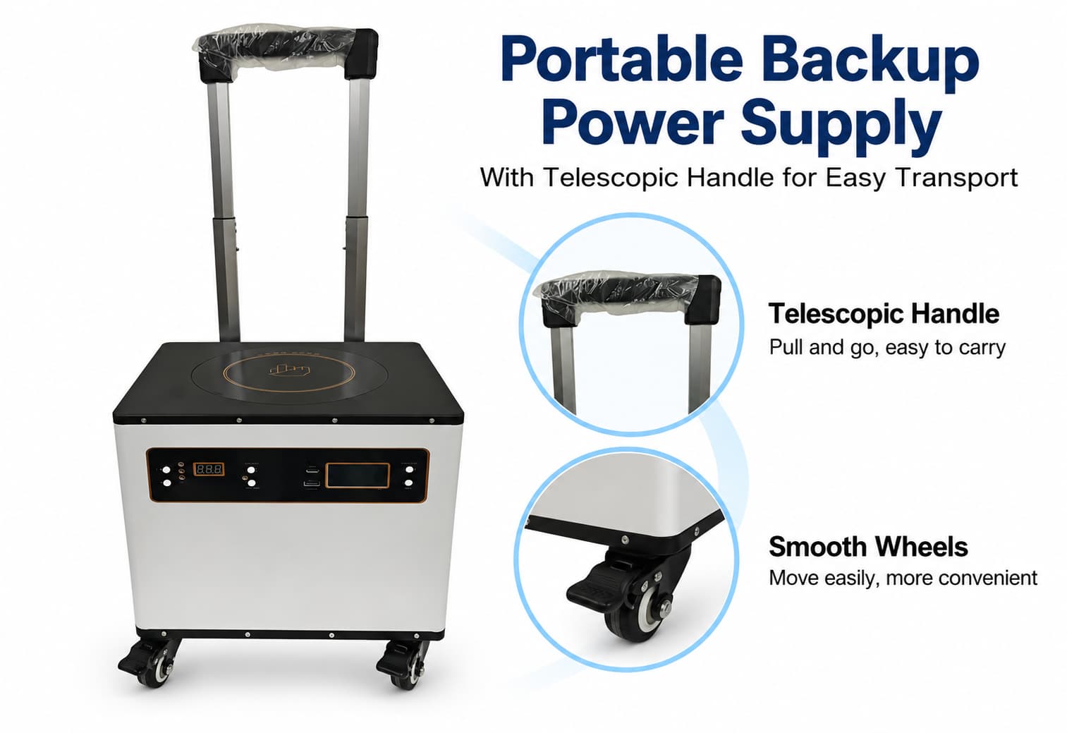 Designed for easier transport, this portable backup power supply features a telescopic pull handle and smooth-rolling wheels, making it simple to move without heavy lifting.