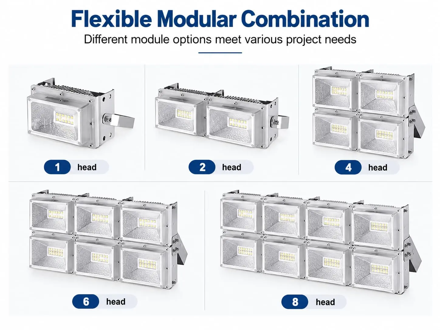 The modular LED flood light offers 1, 2, 4, 6, and 8-module configurations to match different lighting requirements