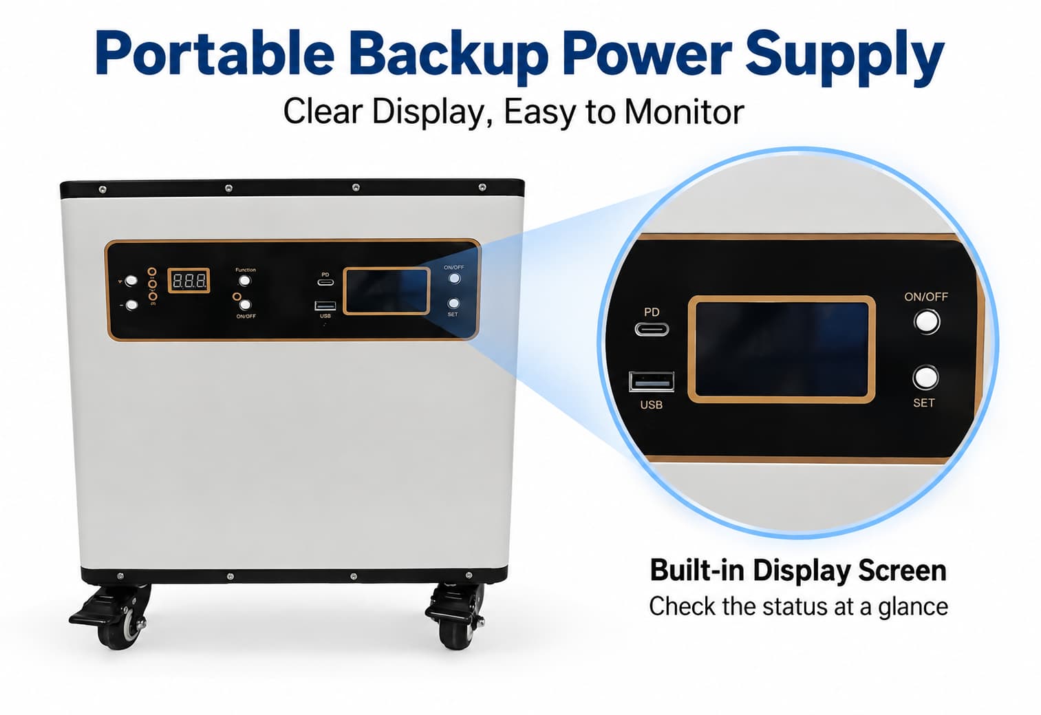 This portable backup power supply features a built-in display for quick and easy status monitoring.