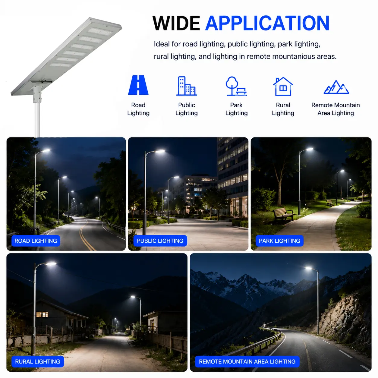 Suitable for road lighting, public lighting, park lighting, rural lighting, and lighting in remote mountainous areas.