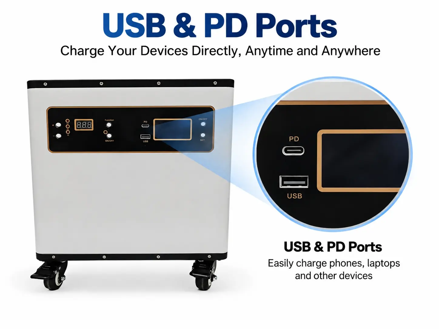 Built-in USB and PD charging ports make it easy to power everyday devices directly from this portable power supply.