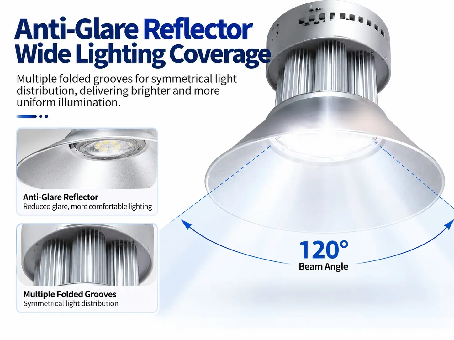 This LED high bay light features an anti-glare reflector and a wide 120° beam angle for broader, more uniform illumination.
