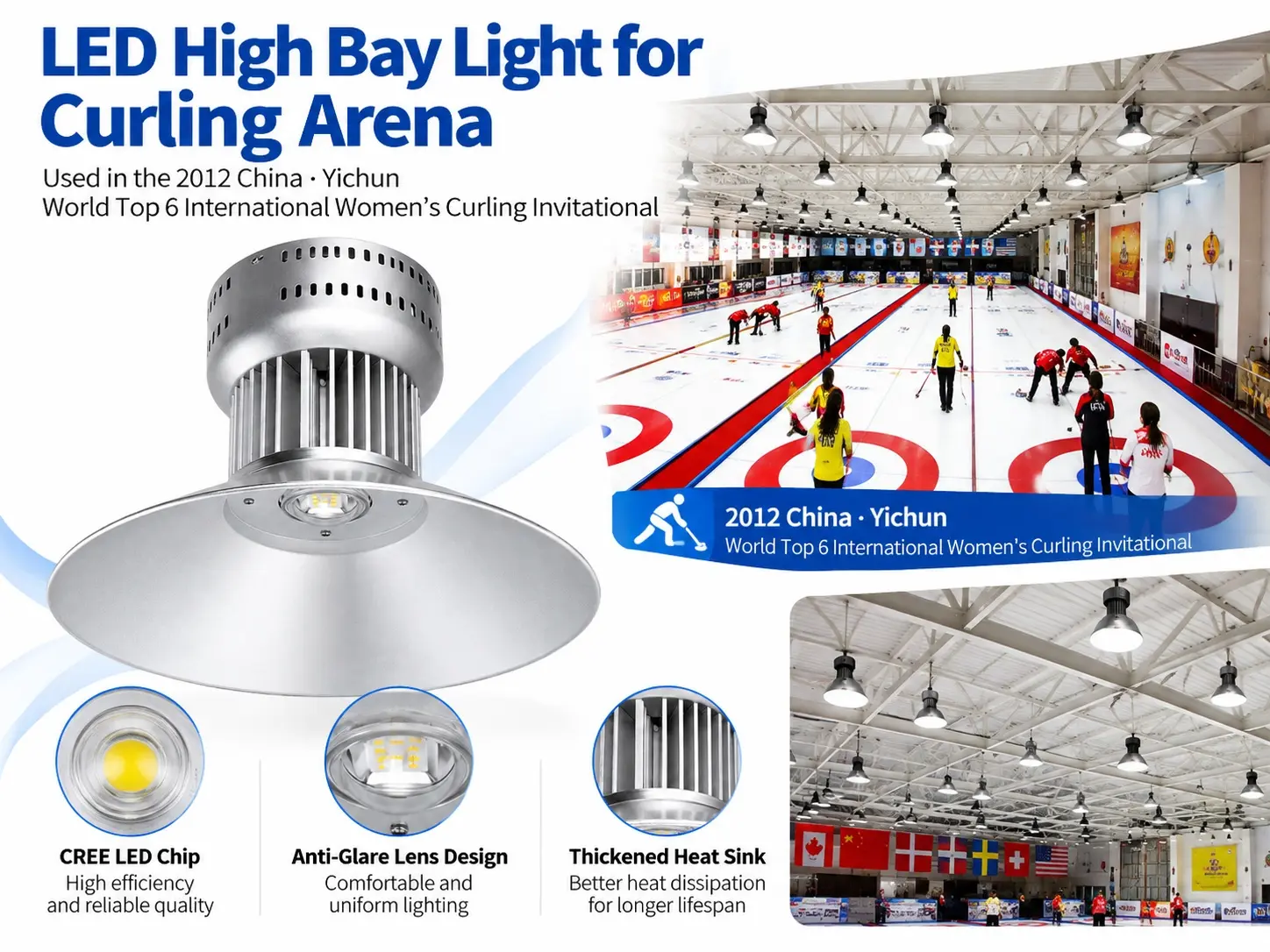 This LED high bay light combines high-efficiency CREE LED chips, an anti-glare optical lens, and a thickened heat sink. The design provides bright, uniform illumination while reducing glare and managing heat, making it a practical curling arena lighting solution for large indoor sports venues.